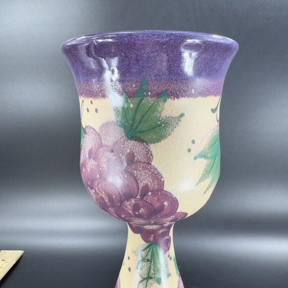 Studio Art Pottery Hand Made Goblets Drinking Wine Glasses Signed Purple Grapes - Picture 10 of 16